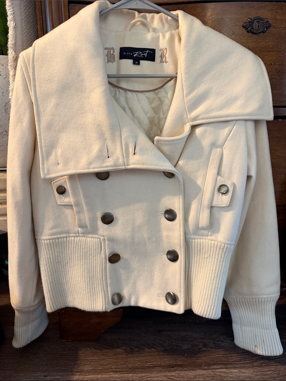 Black Rivet Cream Double-Breasted Peacoat Jacket sz M